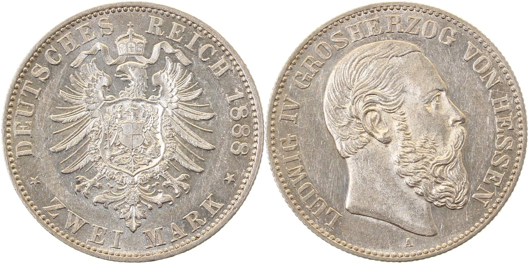2 Mark Hessen Ludwig IV Hessen1888 A vz/stgl aus EA J68