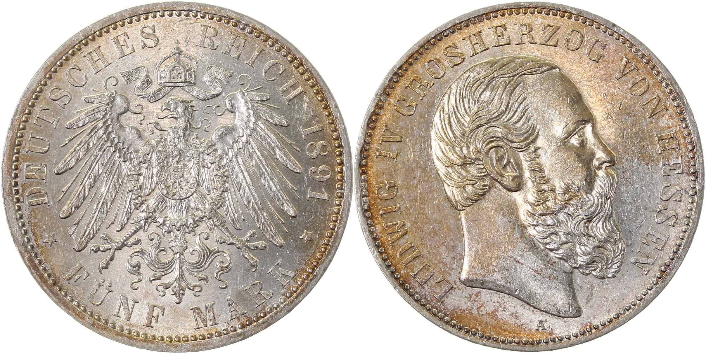 5 Mark Ludwig IV Hessen 1891 A f prfr/f stgl RAR J71