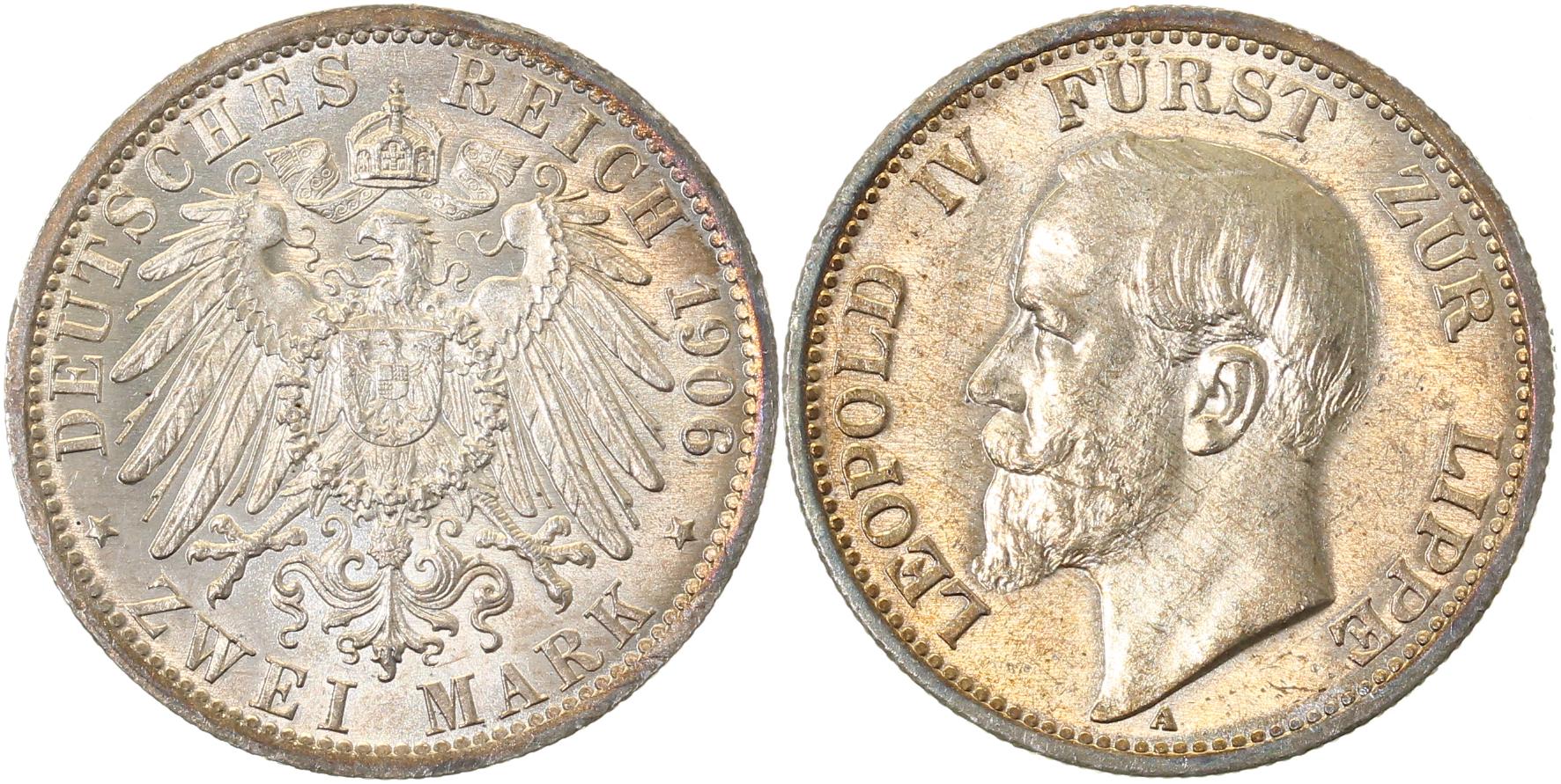 2 Mark 1906 A Leopold IV Fürst zur Lippe J78 Erstabschlag