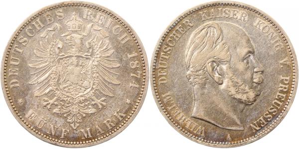 5 Mark Wilhelm I Preussen 1874 A f vz/vz leichte Patina