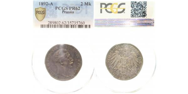 2 Mark Preussen 1892 A PP Proof PCGS PR 62 J092