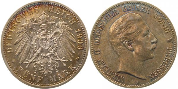 5 Mark Wilhelm II Preussen 1906 A f prfr/f stgl EA Patina