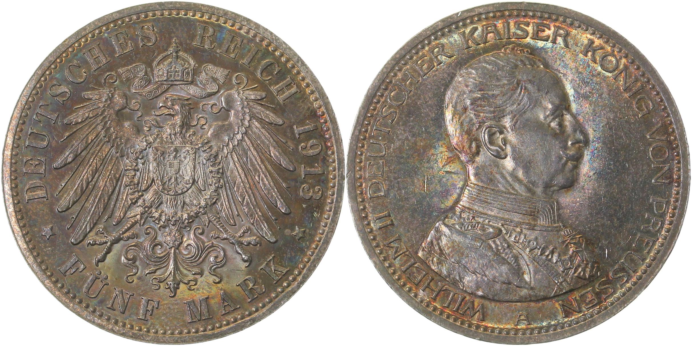 5 Mark Kaiser Uniform 1913 A vz/stgl aus Polierte Platte 0,5