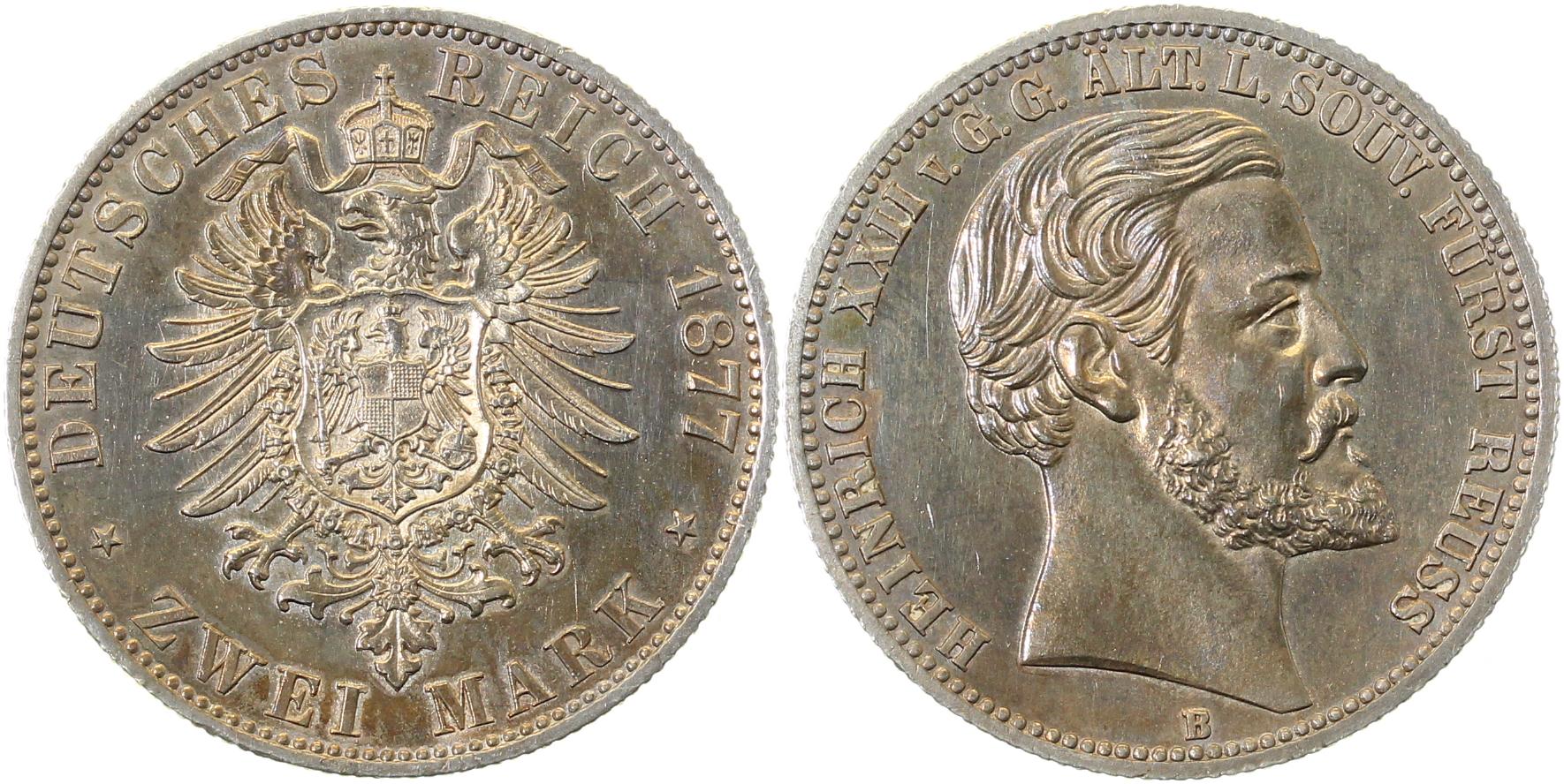 2 Mark Heinrich XXII Reuss ältere Linie 1877 B Proof- Patina