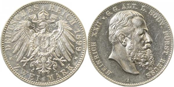 2 Mark Heinrich XXII 1899 A Reuss vz/stgl aus Erstabschlag