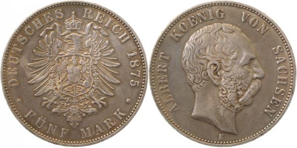 5 Mark Sachsen Albert 1875 E Patina sehr schön+