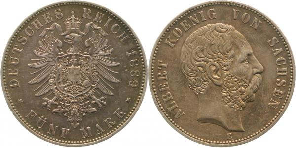 5 Mark Sachsen Albert 1889 E vorzüglich Patina sehr selten