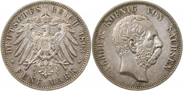 5 Mark Albert Sachsen 1893 Eschöne Patina vorzüglich+ J125