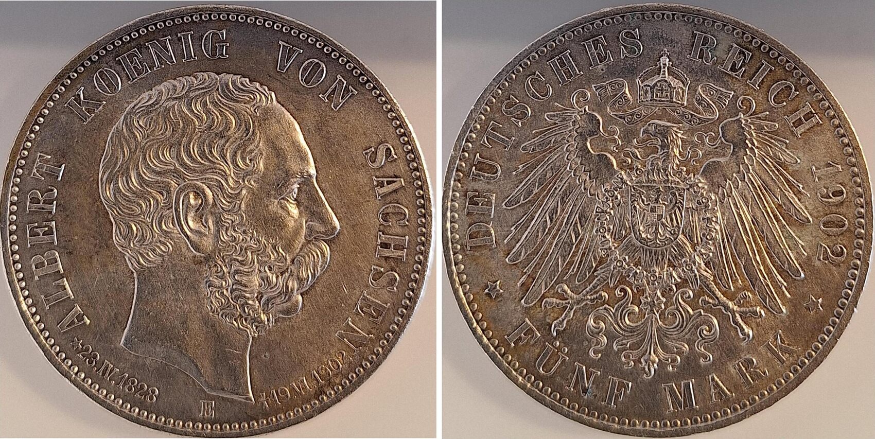 5 Mark Albert Sachsen 1902 E J128 a.d.Tod, leichte Patina