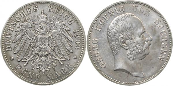 5 Mark Sachsen 1903 E prfr/stgl Erstabschlag dunkle Patina