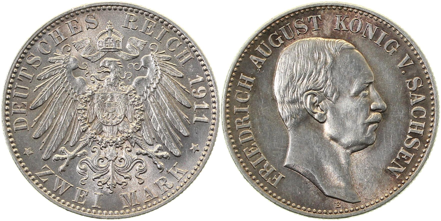 2 Mark Sachsen 1911 E prfr/stgl minimal berieben J134
