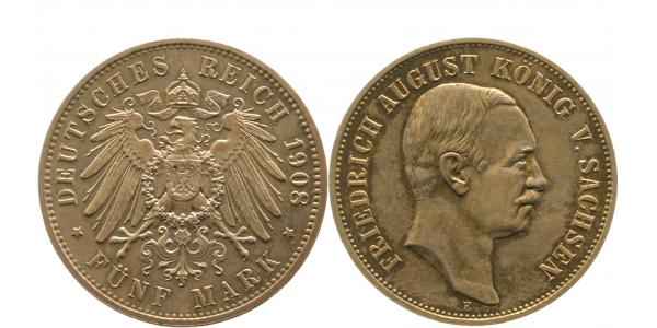 5 Mark Friedrich August Sachsen 1908 E schöne leichte Patina