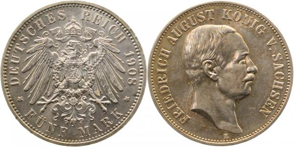 5 Mark Friedrich August Sachsen 1908 E f prfr/vz/stgl