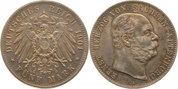 5 M Ernst Sachsen Altenburg 1901 A f.prfr/stgl schöne Patina