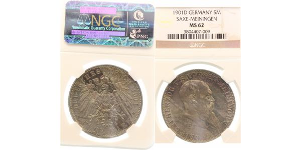 5 Mark Sachsen Meiningen J150 1901 D NGC MS 62