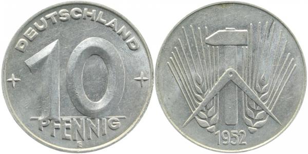 10 Pfennig DDR 1952 E VS:bfr-/RS:vz+