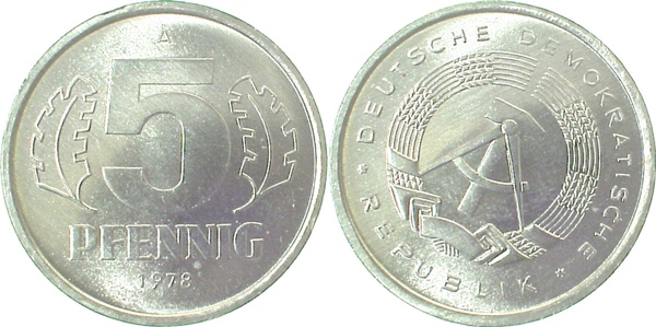 5 Pfennig DDR 1978 A spgl/f stgl J1509 spgl/f stgl 5 Pfennig