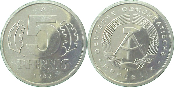5 Pfennig DDR 1987 A bfr/stgl/matt, sehr selten !!!