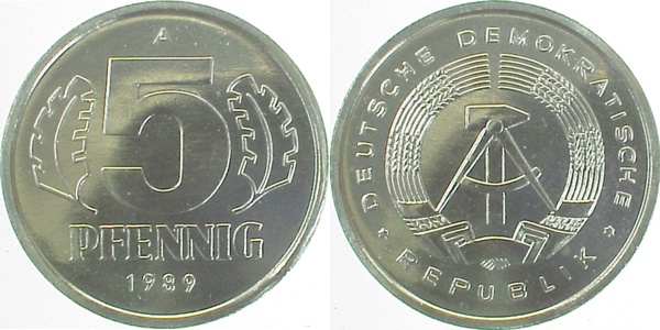 5 Pfennig DDR 1989 A bfr/stgl/matt