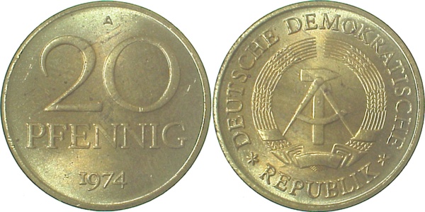 20 Pfennig DDR 1974 A bankfrisch / stempelglanz / matt