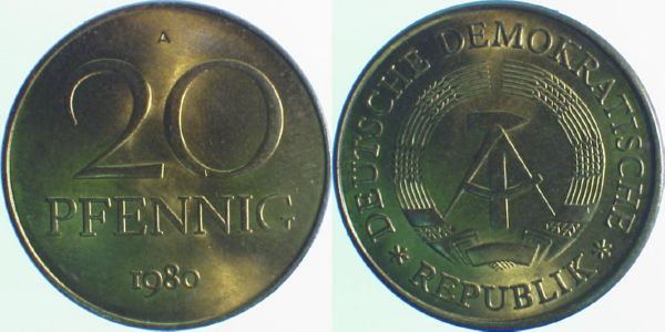 20 Pfennig DDR 1980 A J1511b bfr/st/matt