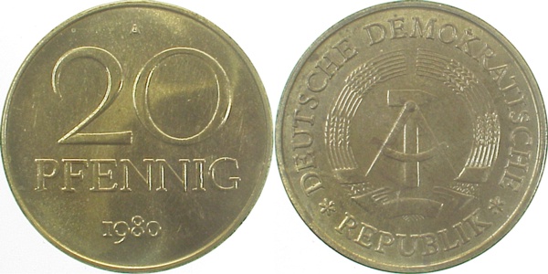 20 Pfennig DDR 1980 A stgl -/matt J1511b stgl -/matt 20 Pfennig
