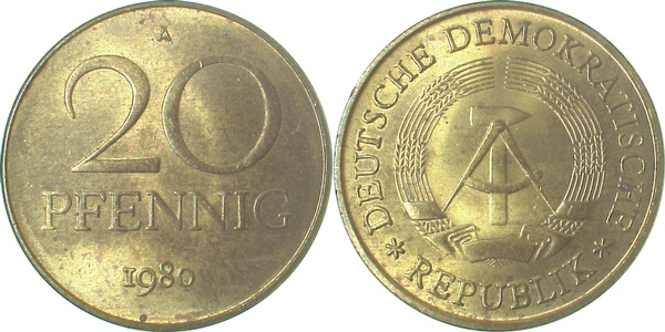 20 Pfennig DDR 1980 A vz/st/matt J1511b