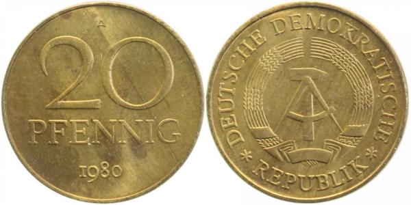 20 Pfennig DDR 1980 A matt J1511b vorzüglich