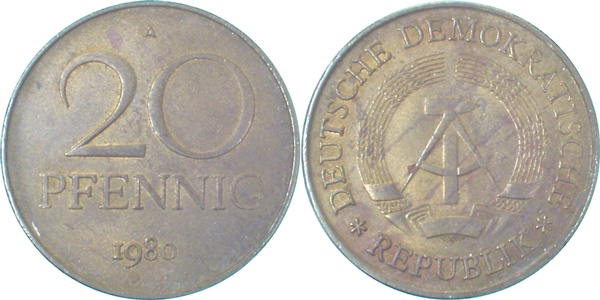 20 Pfennig DDR 1980 A matt ss J1511b ss 20 Pfennig