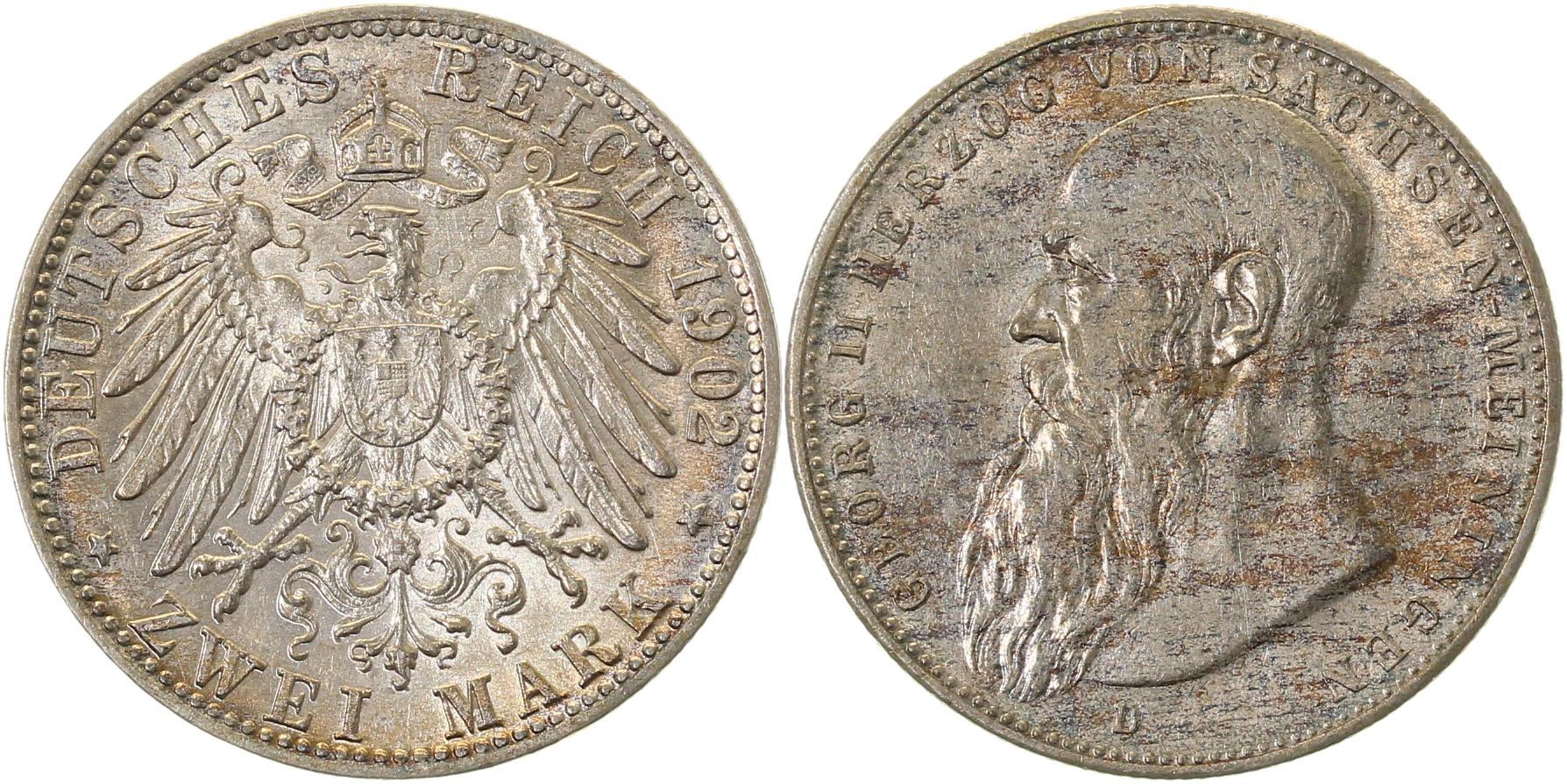 2 Mark 1902 D Sachsen-Meiningen tolle Patina vz+ J151 B