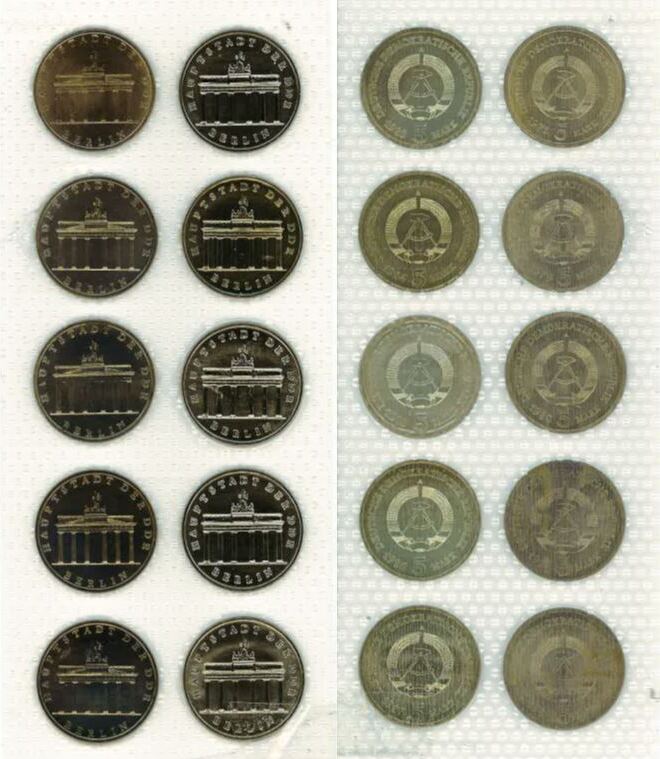 5 Mark Satz DDR Brandenb. Tor 10 Stück J1536 1971-1987 – vollständige Ansicht