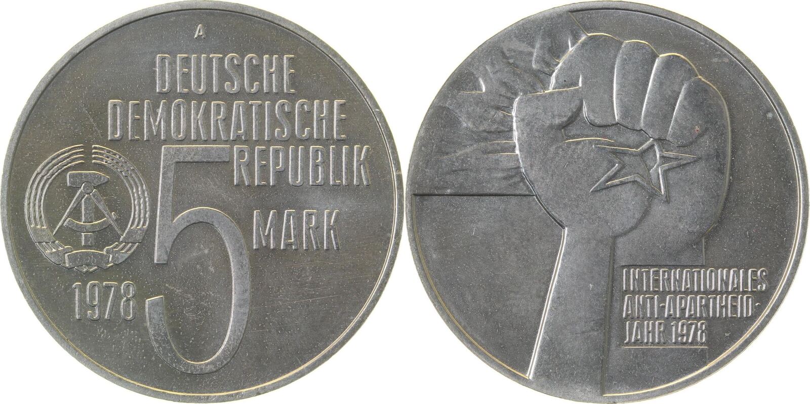 5 Mark Anti-Apartheid handgehob J1569 5 Mark