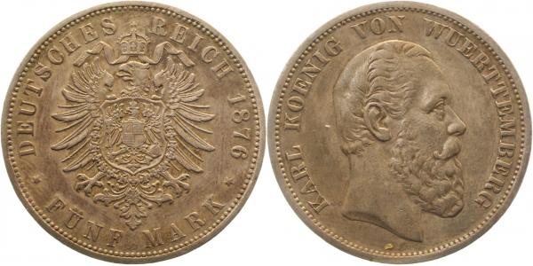 5 Mark Karl König v Württemberg 1888 F J173 tolle Patina 2.2