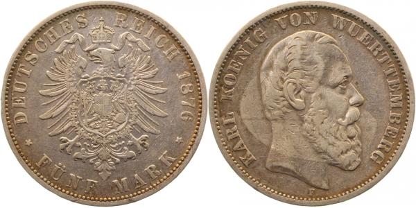 5 Mark Karl Württemberg 1888 F schöne Patina ss/vz J173