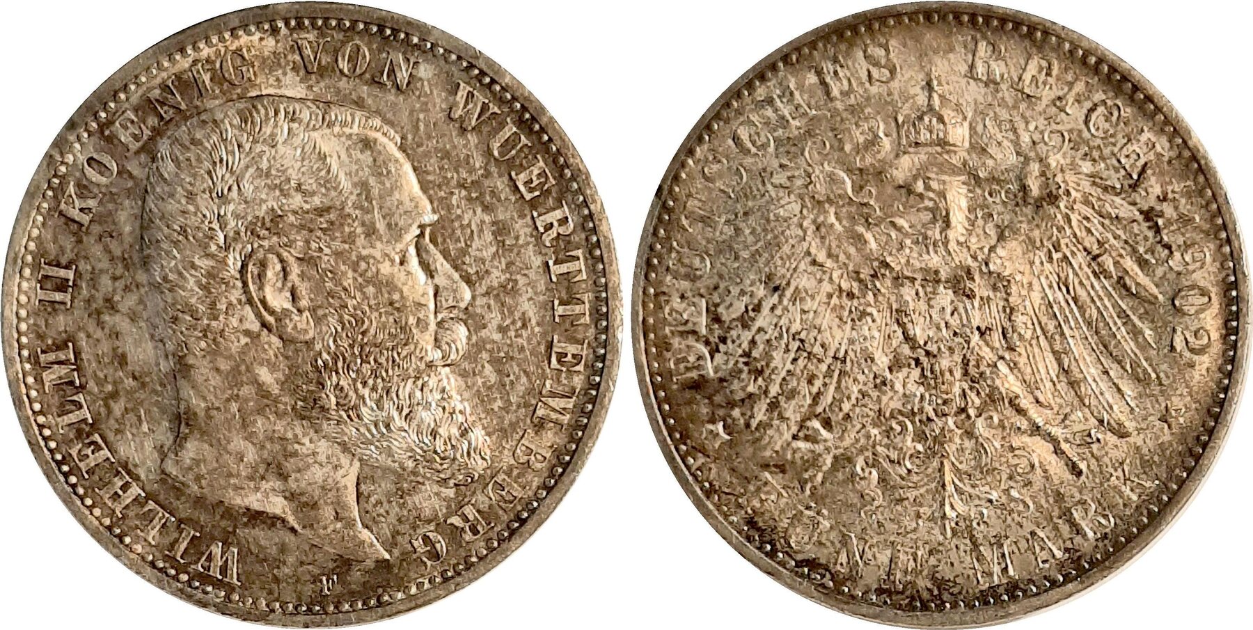 5 Mark Wilhelm Württemberg 1902 F tolle Patina J176