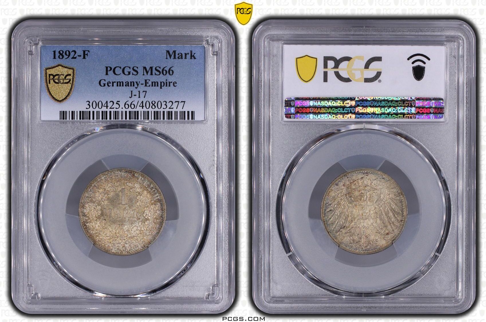 1 Mark 1892 F PCGS 40803277 MS 66 leichte schöne Patina