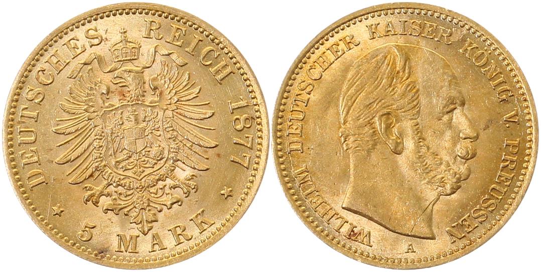 5 Mark Wilhelm I Preussen 1877 A J244 Gold prfr/stgl