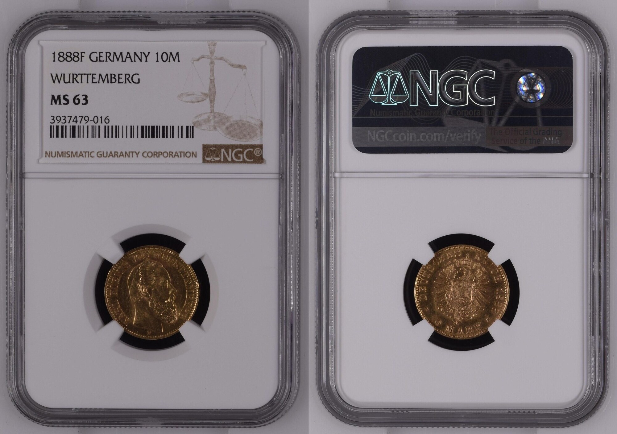 10 Mark Württemberg 1888 F NGC MS 63 J292