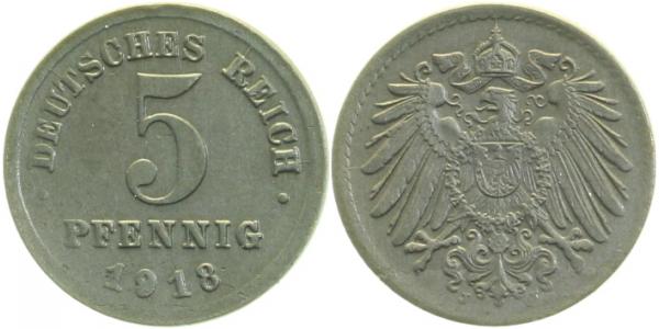 5 Pfennig 1918 F prfr/stgl! J297 prfr / stgl! 5 Pfennig