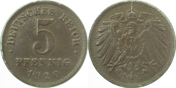 5 Pfennig 1920 E ss/vz J297 ss / vz