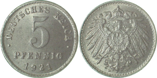 5 Pfennig 1921 D J297 prfr