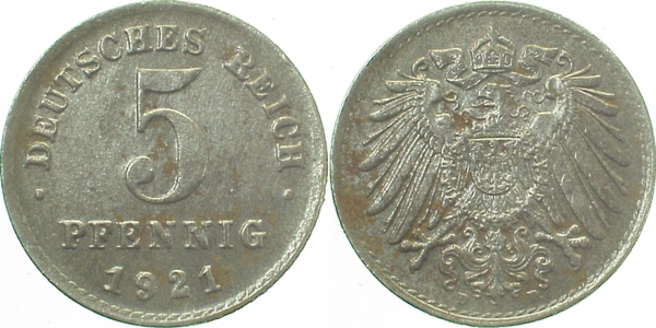 5 Pfennig 1921 D J297 vz/prfr