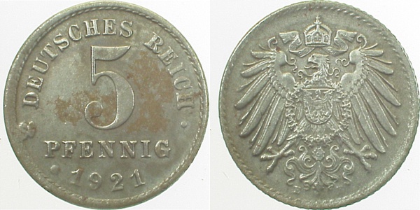 5 Pfennig 1921 E ss/vz J297 ss / vz 5 Pfennig