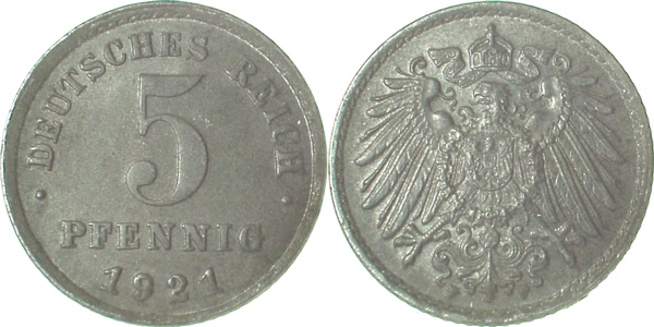 5 Pfennig 1921 F prfr J297 Deutsches Reich