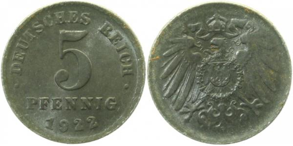 5 Pfennig 1922 ohne Münzzeichen prfr min Korrosion l ! J297 prfr 5 Pfennig