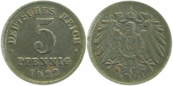 5 Pfennig 1922 G prfr/st ! J297 prfr / st 5 Pfennig