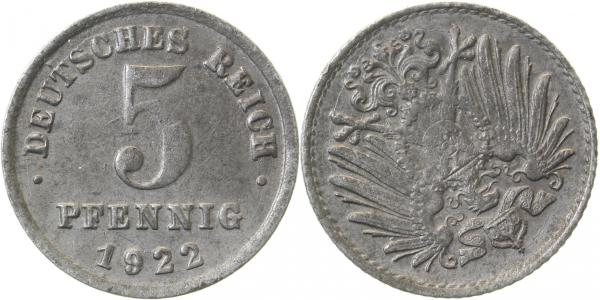 5 Pfennig 1922 G vz mit S160 ! selten ! J297 vz 5 Pfennig