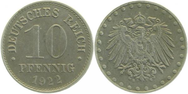 10 Pfennig 1922 E vz, J298, selten