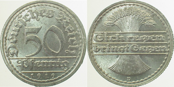 50 Pfennig 1919 D vz/stgl J301 vz / stgl 50 Pfennig