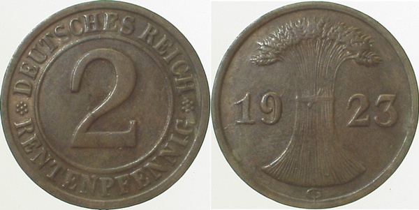 2 Pfennig 1923 G Stempelriss d Münzzeichen ss/vz